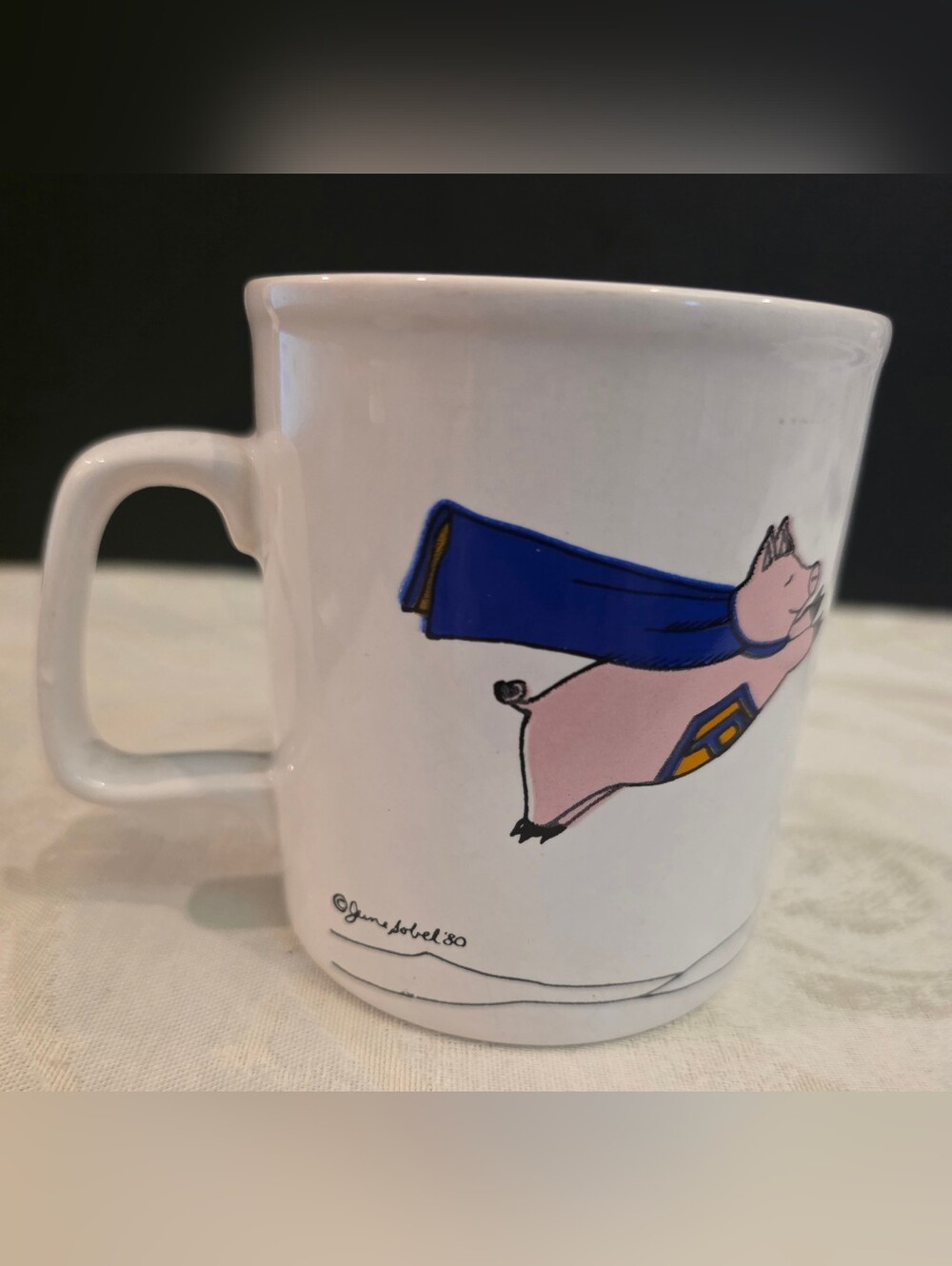 Vintage Kiln Craft ' Flying Pig' Ironstone Mug      by June Sobel Signed 1980